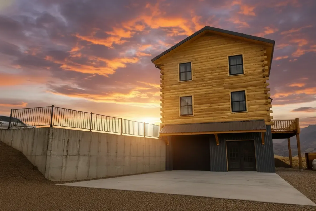 Tall retaining wall with shed roof by Pilot Peak Construction