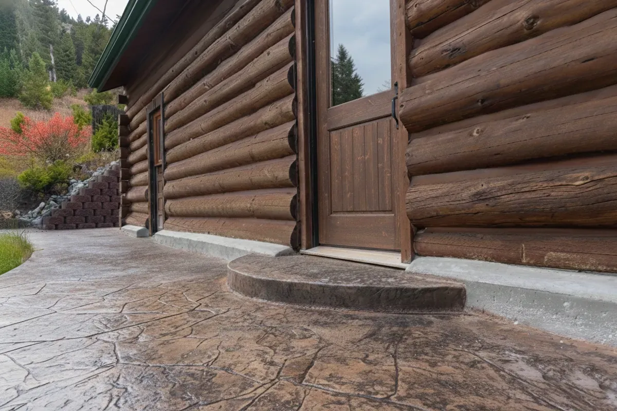 Cabin front patio concrete by Pilot Peak Construction