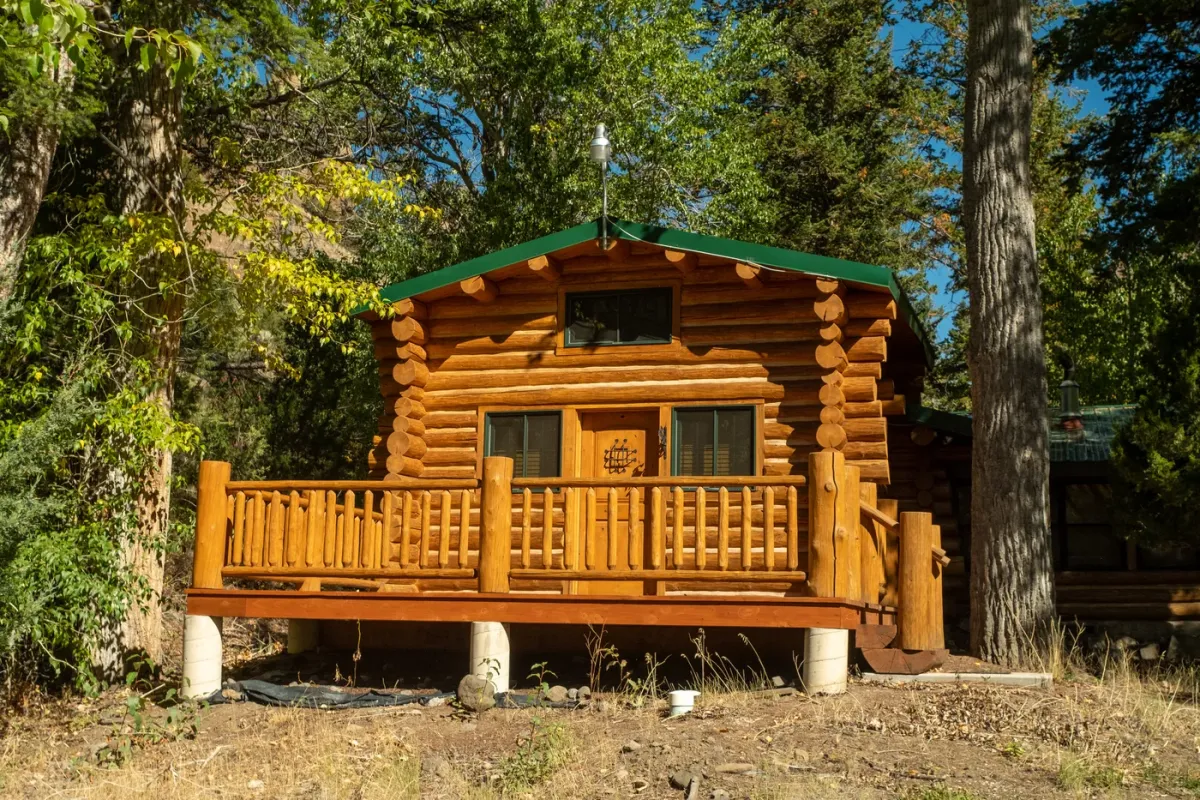 Rustic log cabin nestled in the pines