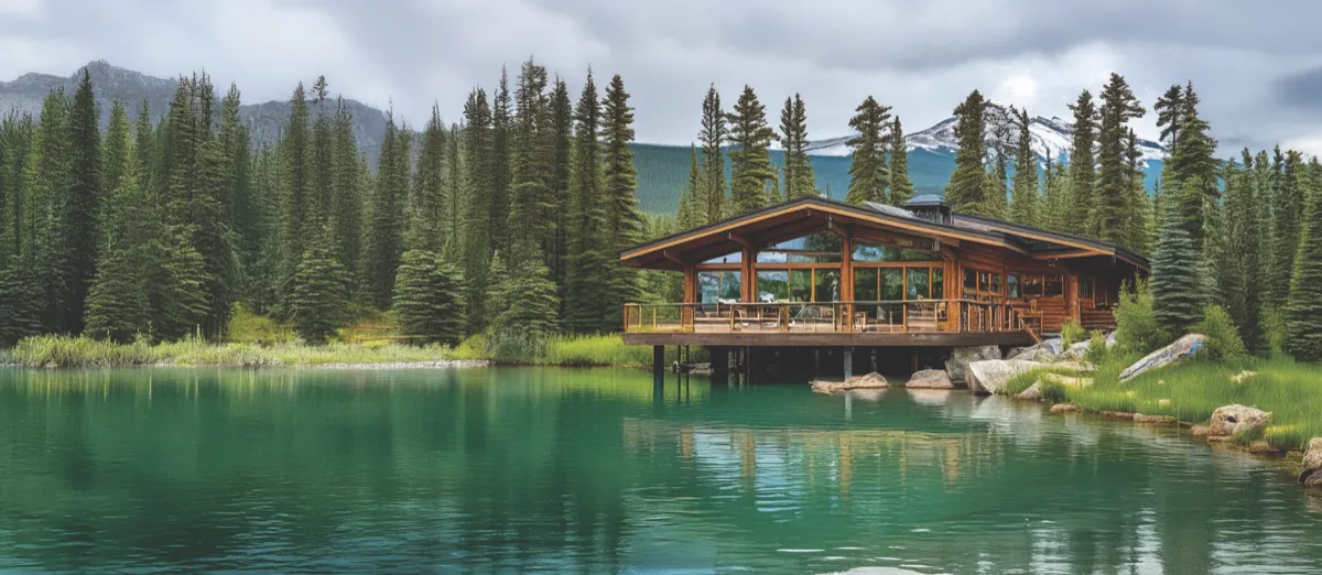 Custom lakeside cabin surrounded by forest and mountains