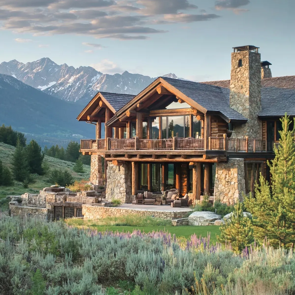 Luxury mountain lodge with stone and timber construction by Pilot Peak Construction in Cody Wyoming